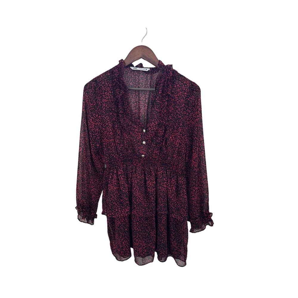 Zara Women's Sheer Ruffled Button-Down Dress Size L Red & Black Animal Print